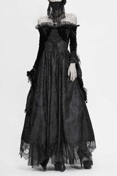 Black Sexy Off Shoulder Lace Pleated Womens Formal Gothic Long Dress With Fur Collar